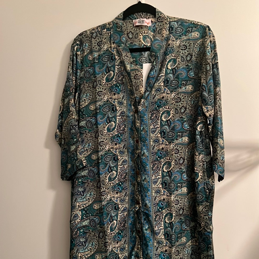 paisley print in blue and green silk shirt dress by cave woman