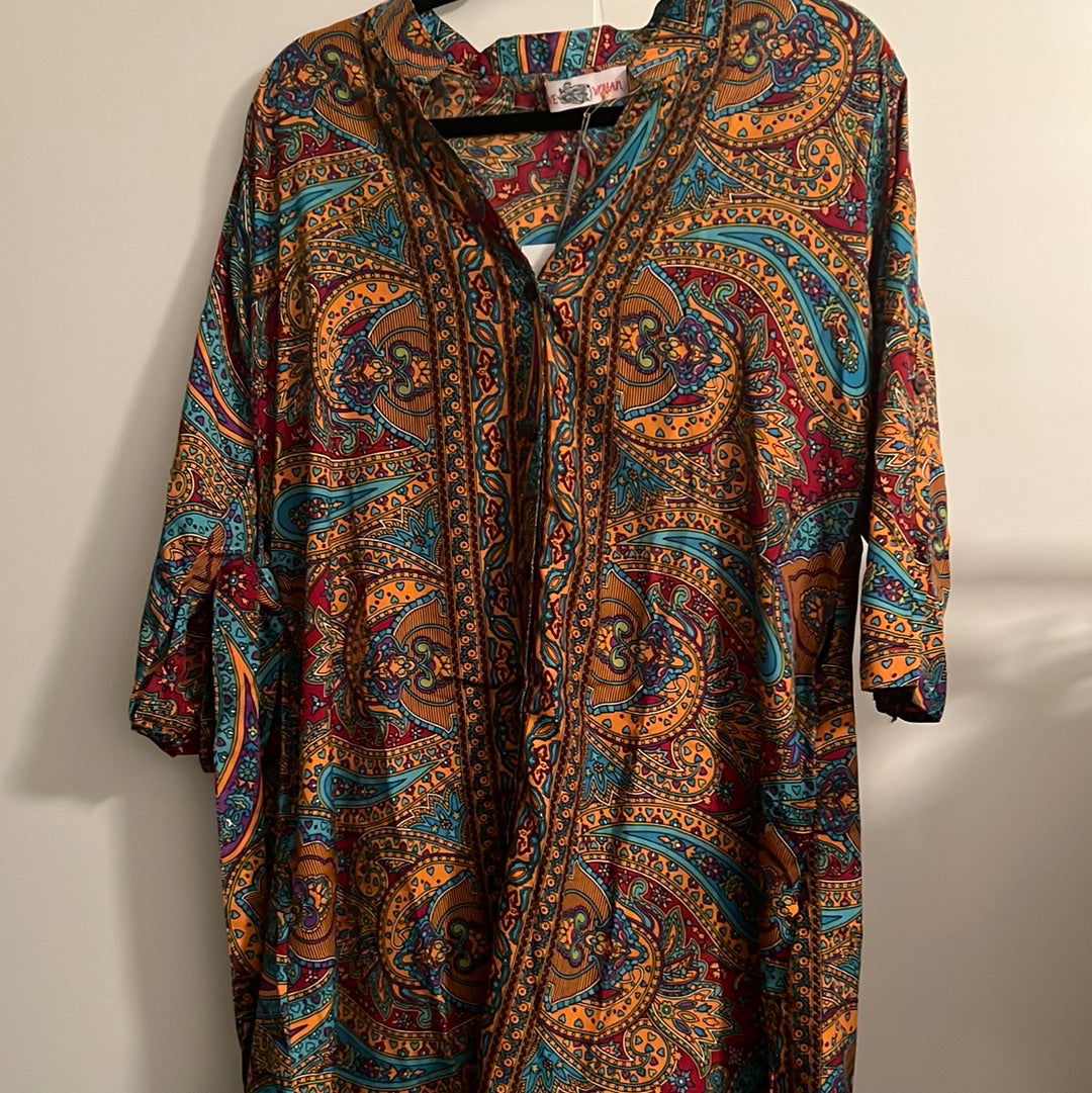 paisley print in mustard, red and blue silk shirt dress