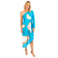woman wearing a butterfly print aqua blue one shoulder martini midi dress