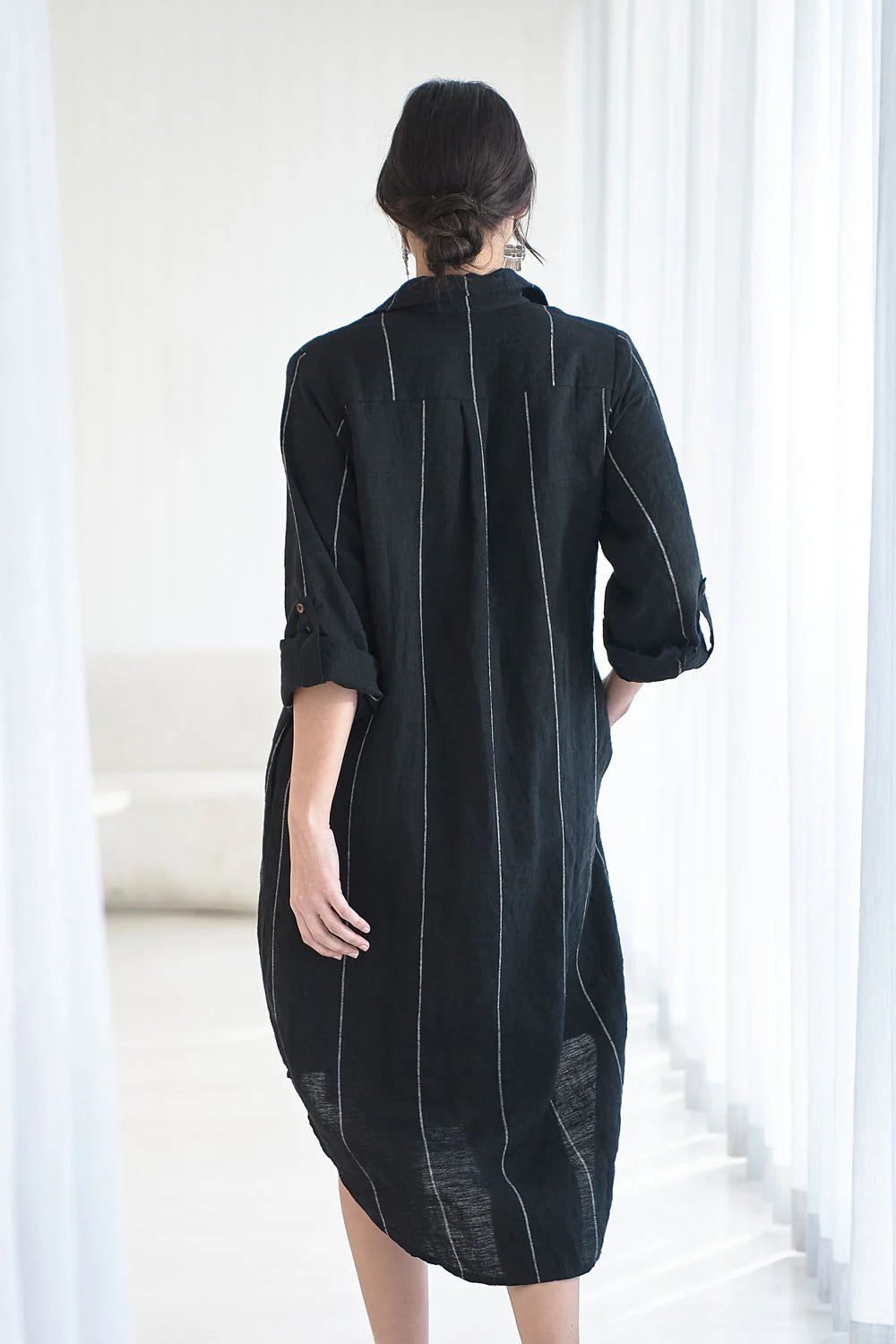 Carter Fundamental Linen Shift Dress - Black w' White Fine Stripe
