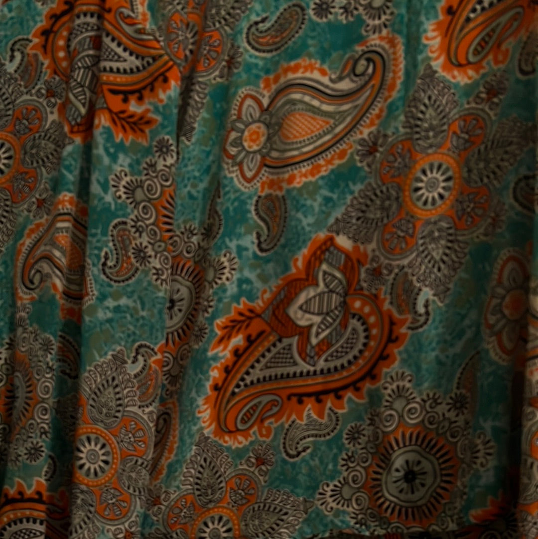 paisley print orang and blue silk fabric