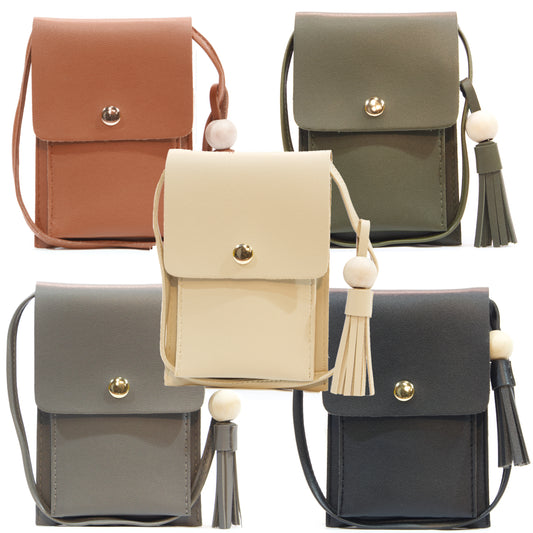 tessa crossbody bag with front flap and tassel in brown, army green, grey, cream, black