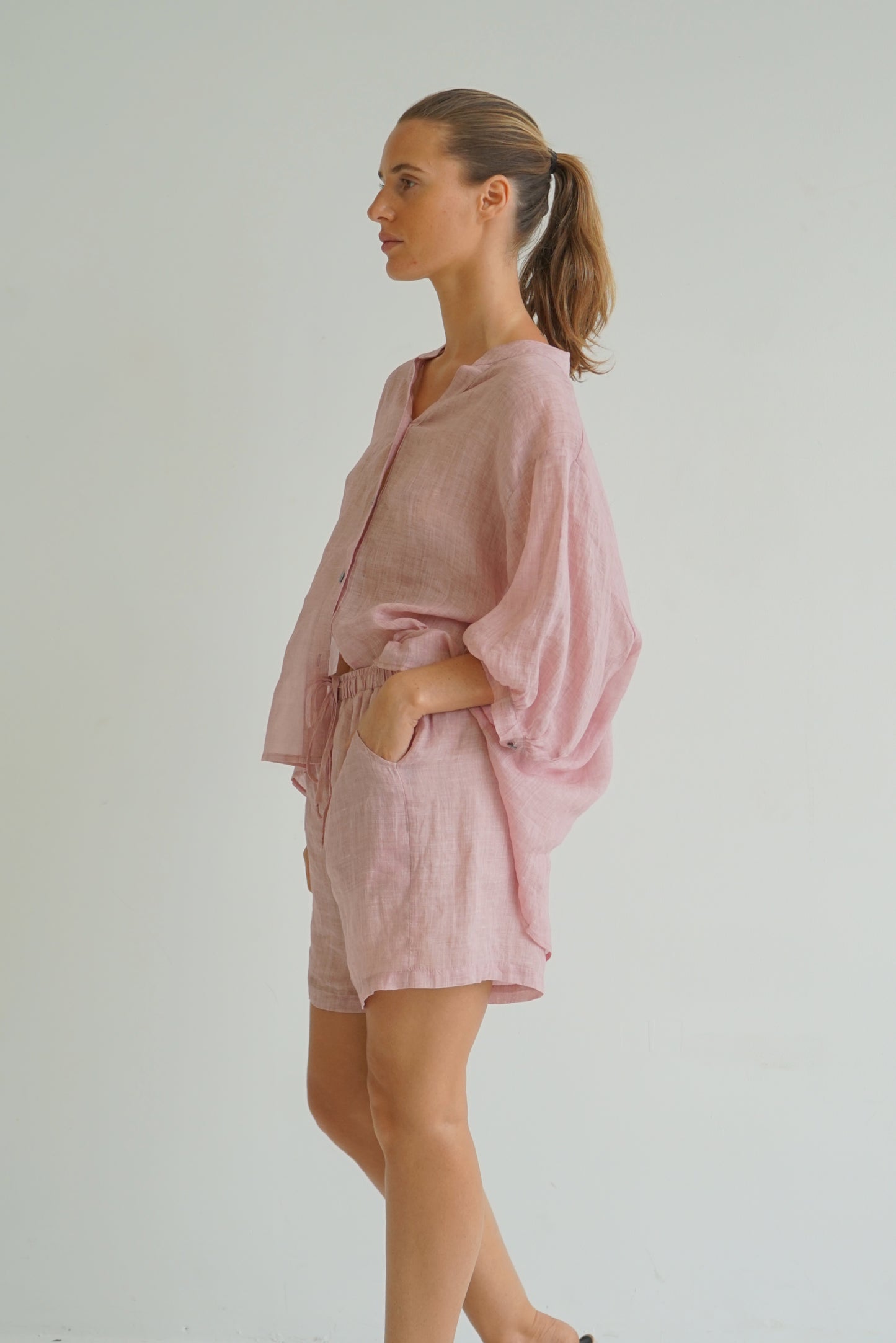 Alex button detailed linen shorts - Blush