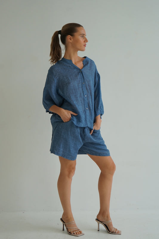 Eden Sheer Linen Shorts -   Denim blue