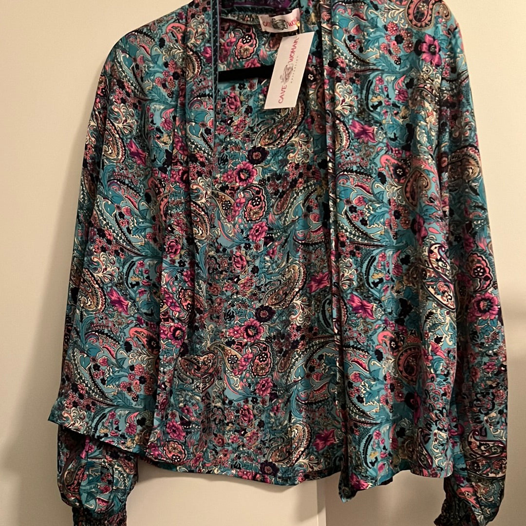 tropical floral and paisley print blue bomber style shrug jacket