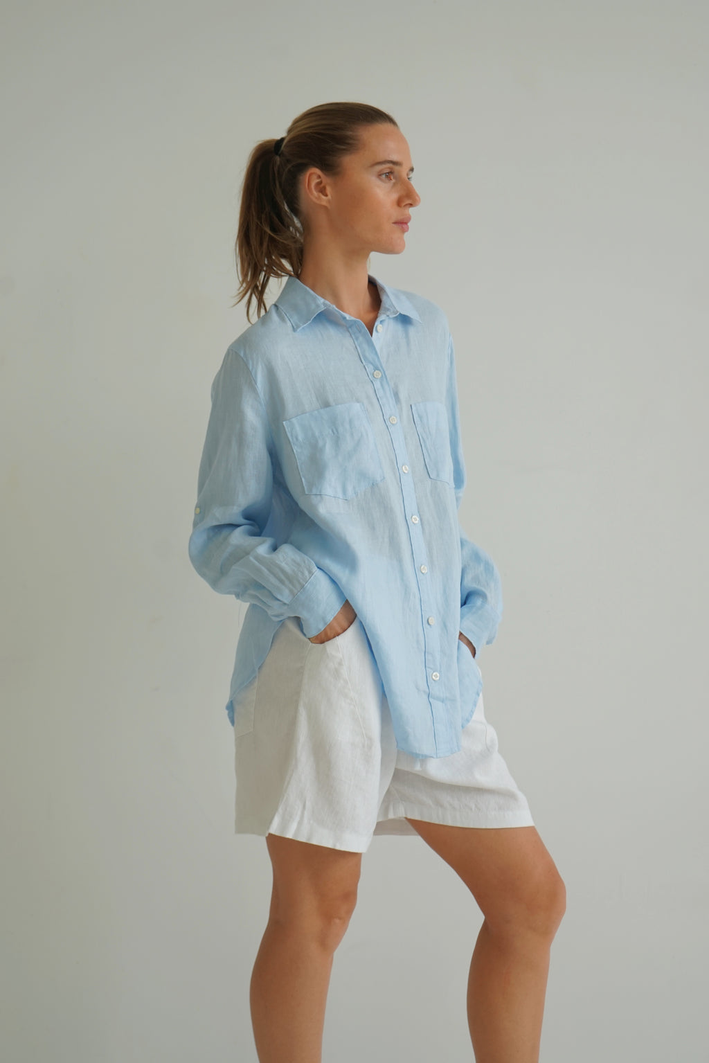Journi Linen dual pockets button through shirt - sky blue