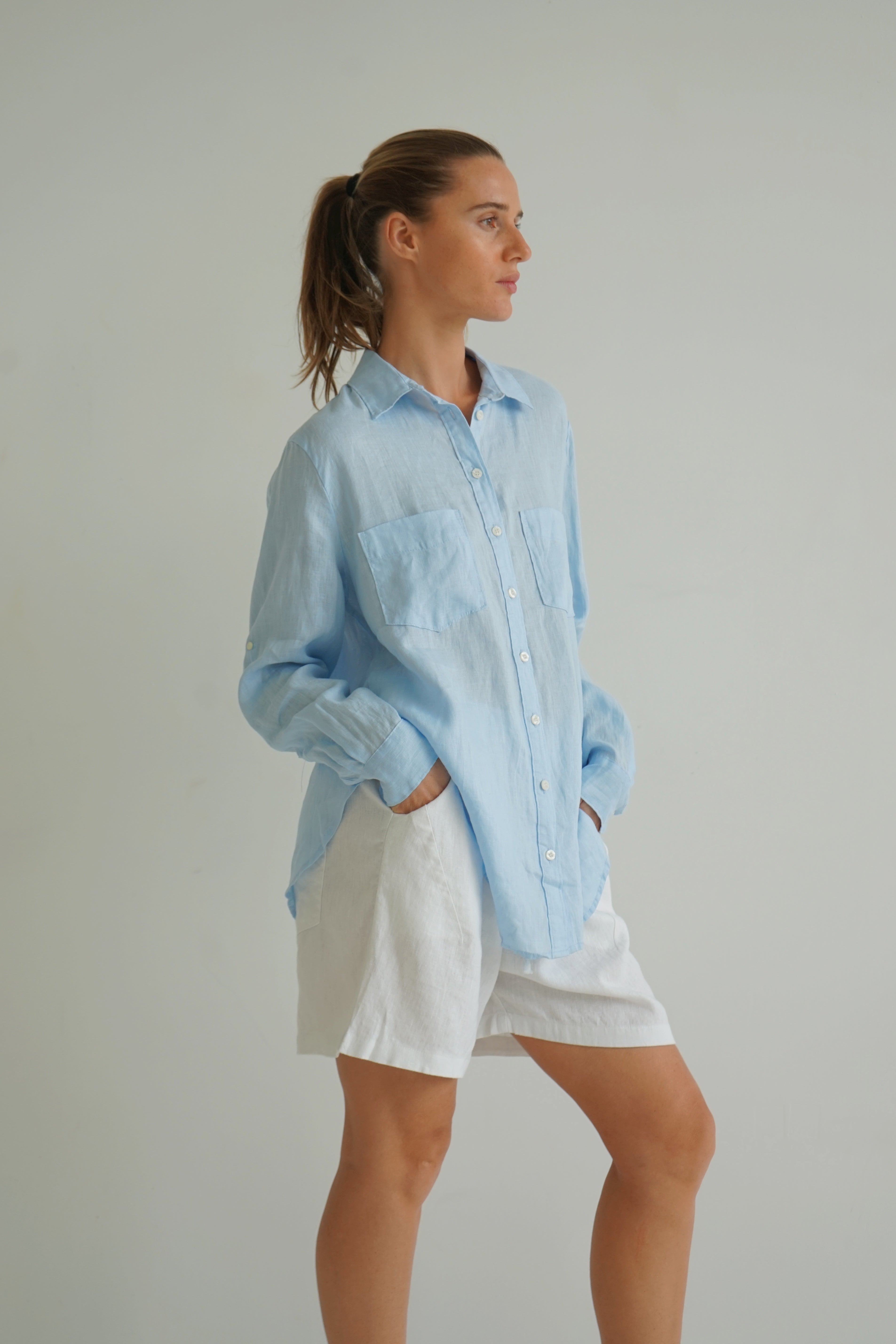 Journi Linen dual pockets button through shirt - sky blue