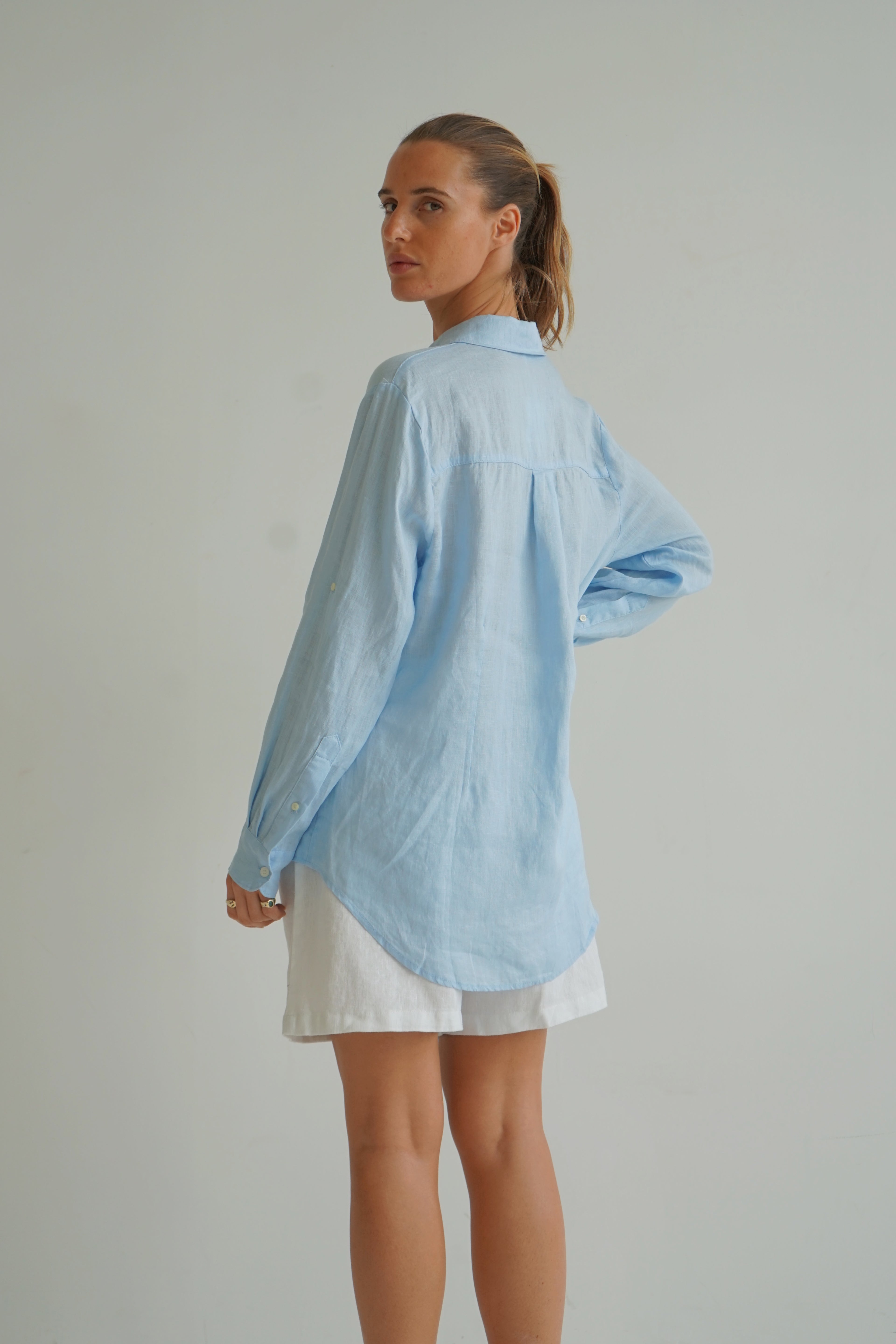 Journi Linen dual pockets button through shirt - sky blue