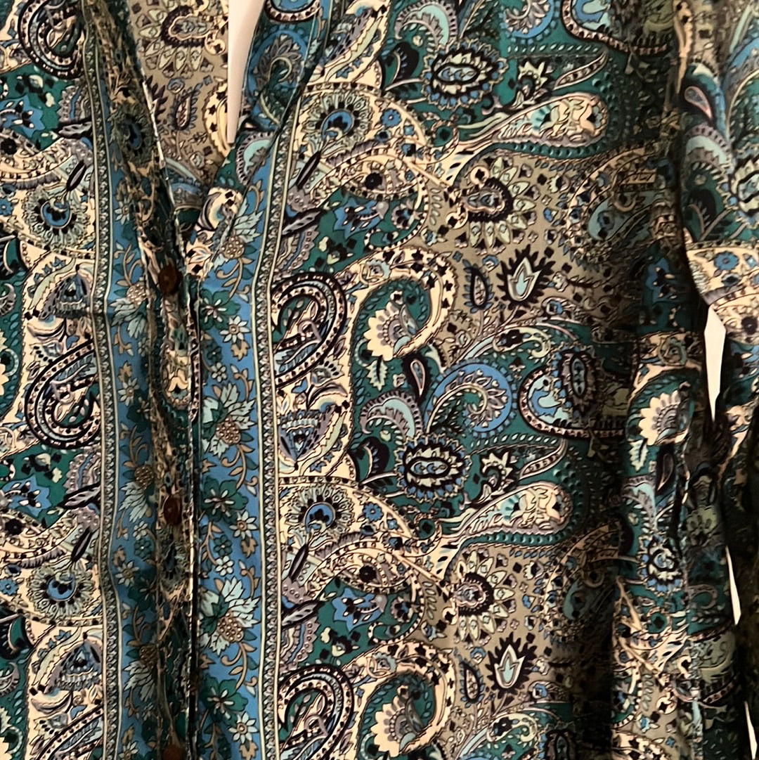 paisley print in blue and green silk dress