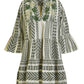 aztec pattern bell sleeve tiered dress with floral embroidery - white and sage