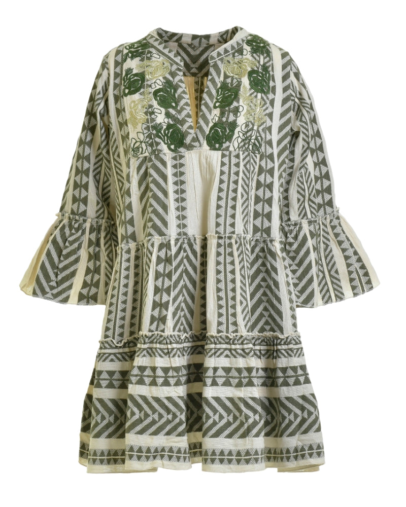aztec pattern bell sleeve tiered dress with floral embroidery - white and sage