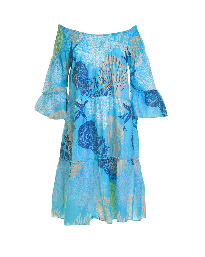 blue coral off shoulder bell sleeve tiered dress