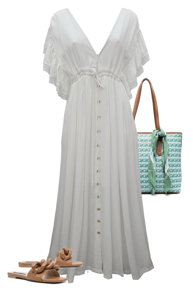 white maxi dress with ruffled sleeves drawstring waist