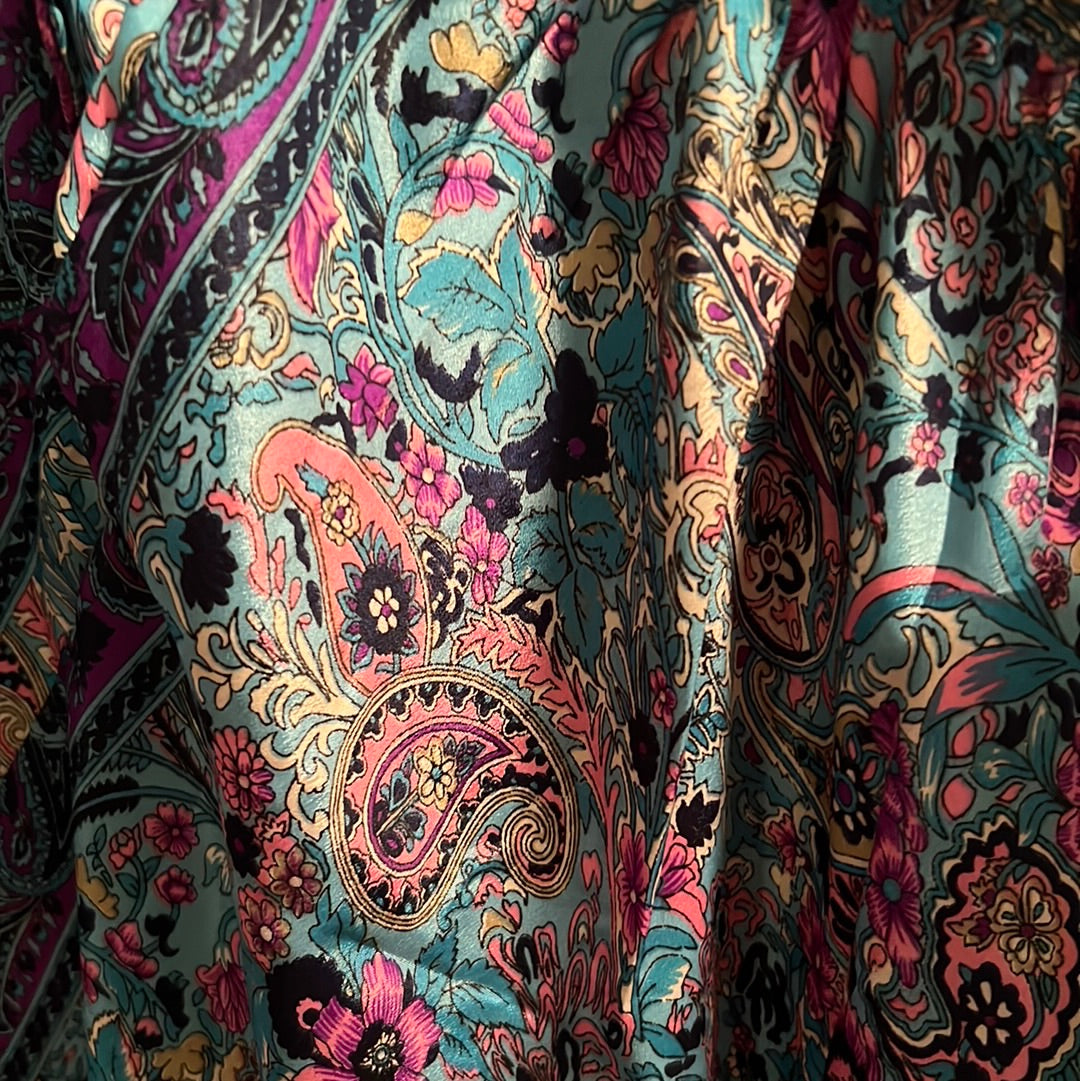 paisley print silk fabric in blue and pink