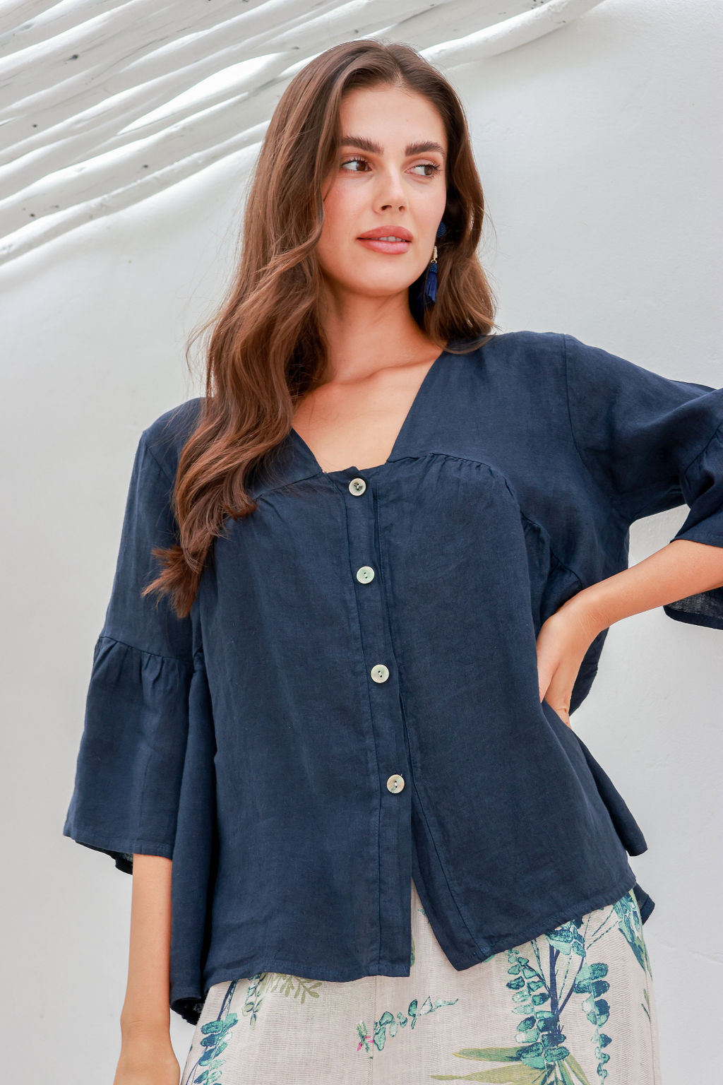 Fiona Linen Top - Navy