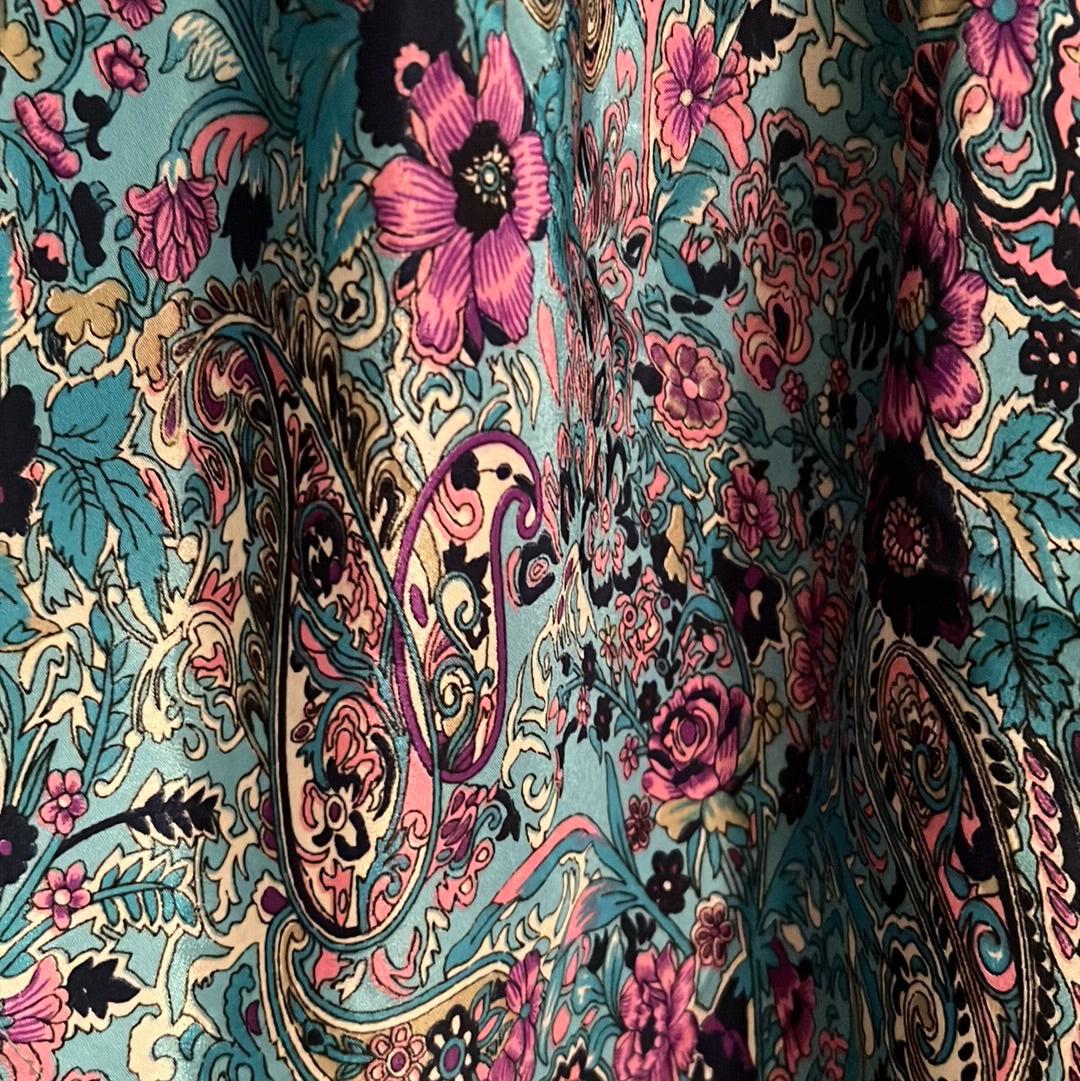 tropical floral and paisley print blue silk fabric