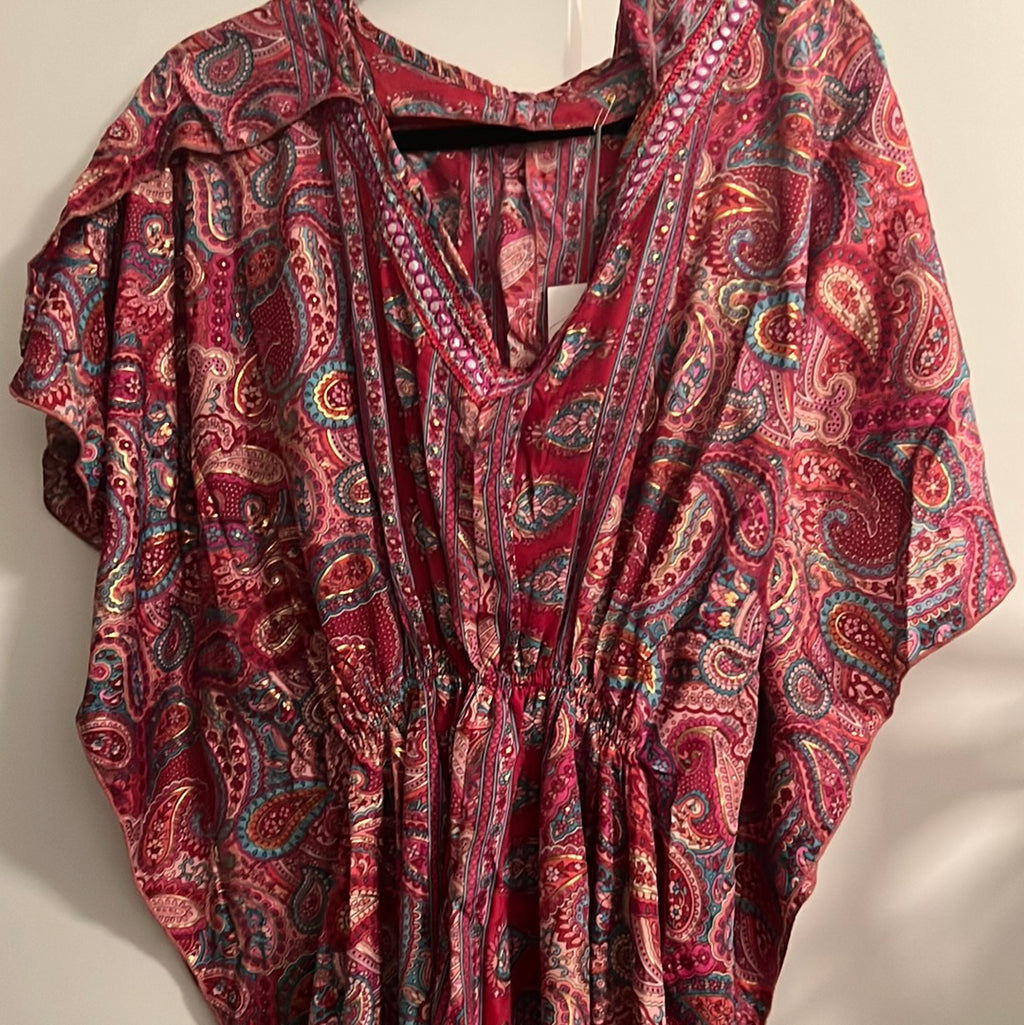paisley print  red silk kaftan top