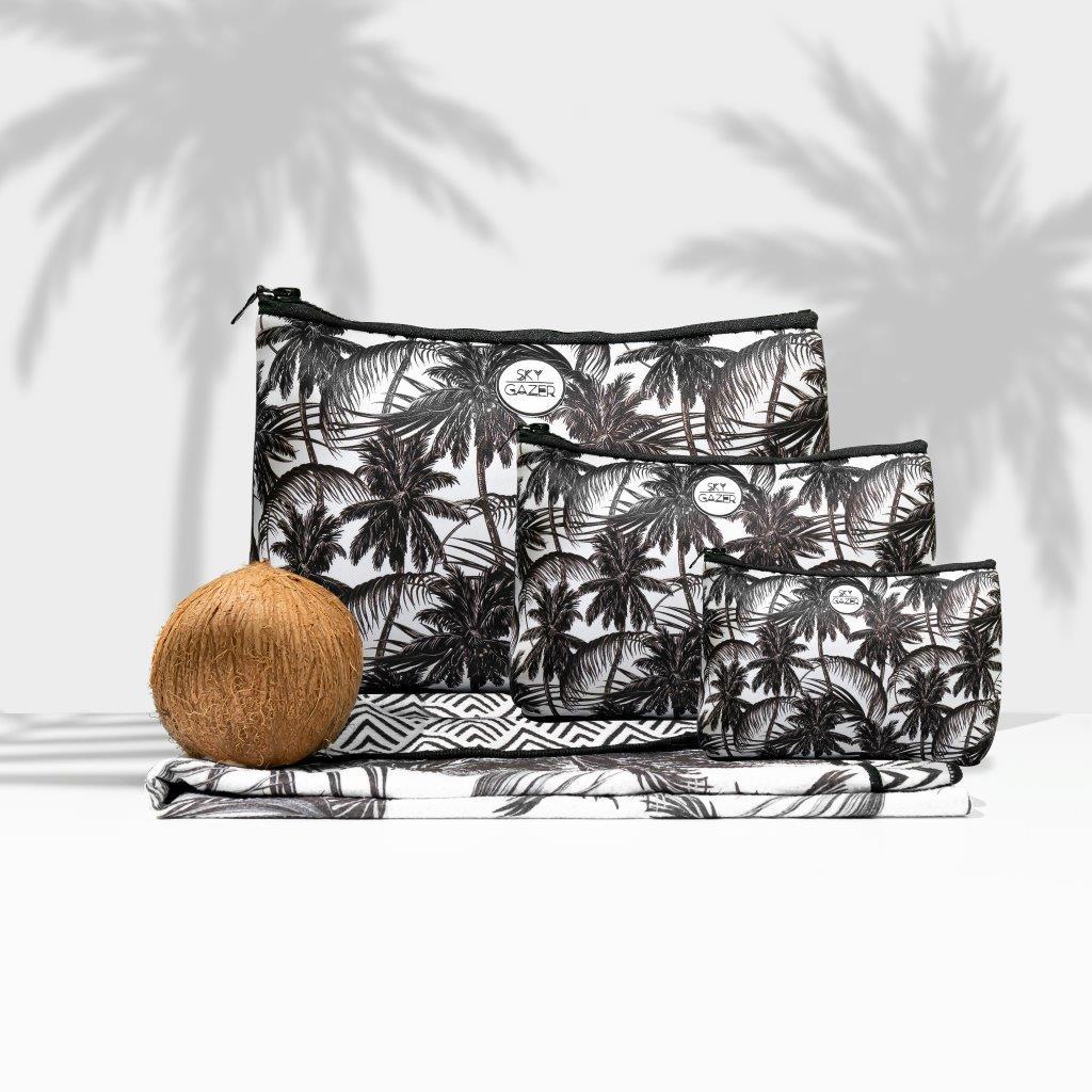 coconut tree print in black and white design sand free towel. sky gazer - the bondi