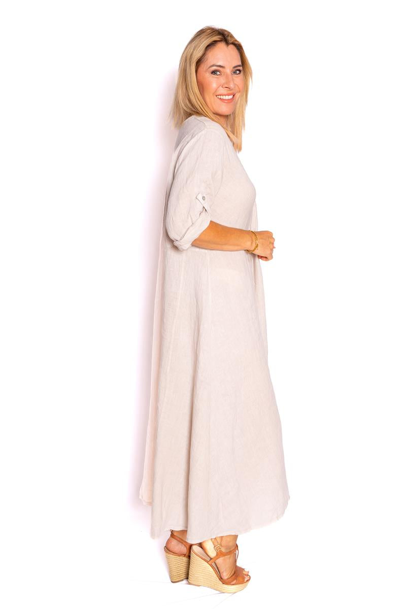 Kentish-Beige-Fit and Flare Linen Maxi Dress
