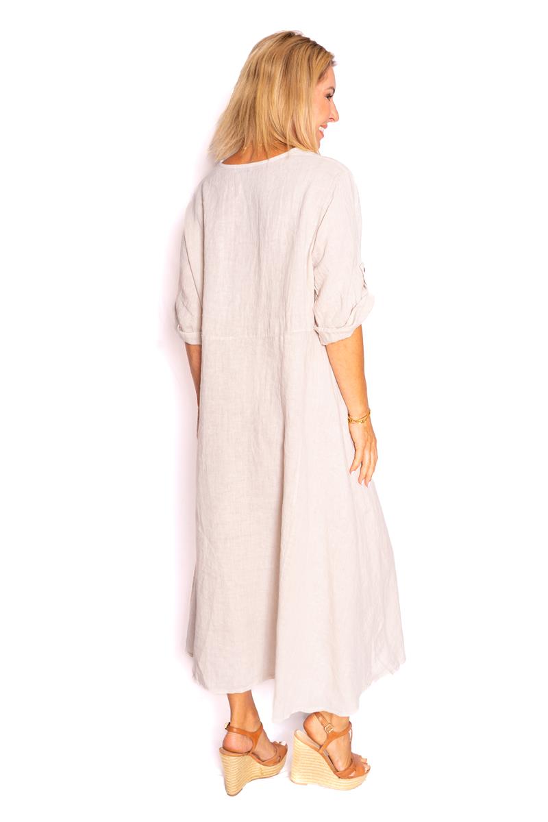 Kentish-Beige-Fit and Flare Linen Maxi Dress