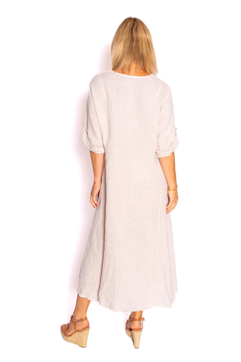 Kentish-Beige-Fit and Flare Linen Maxi Dress