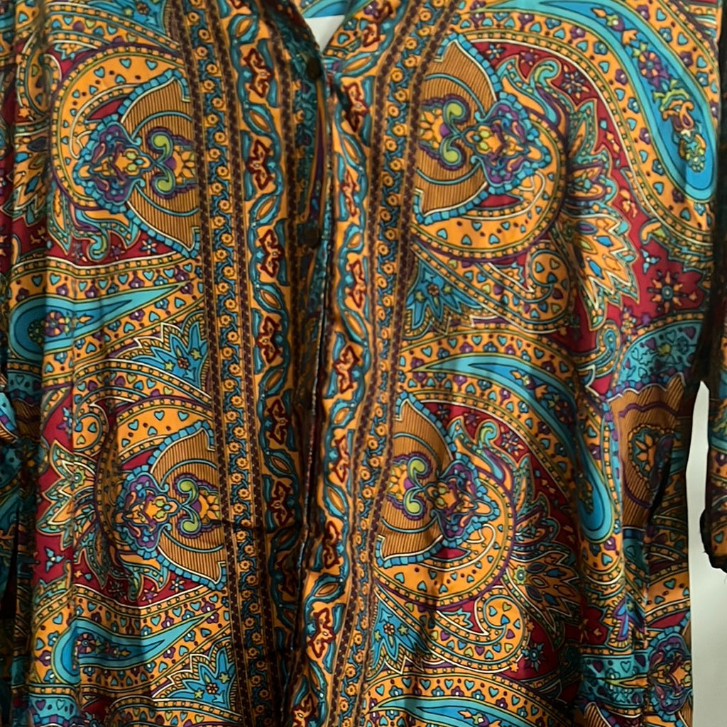 paisley print in mustard, red and blue silk dress