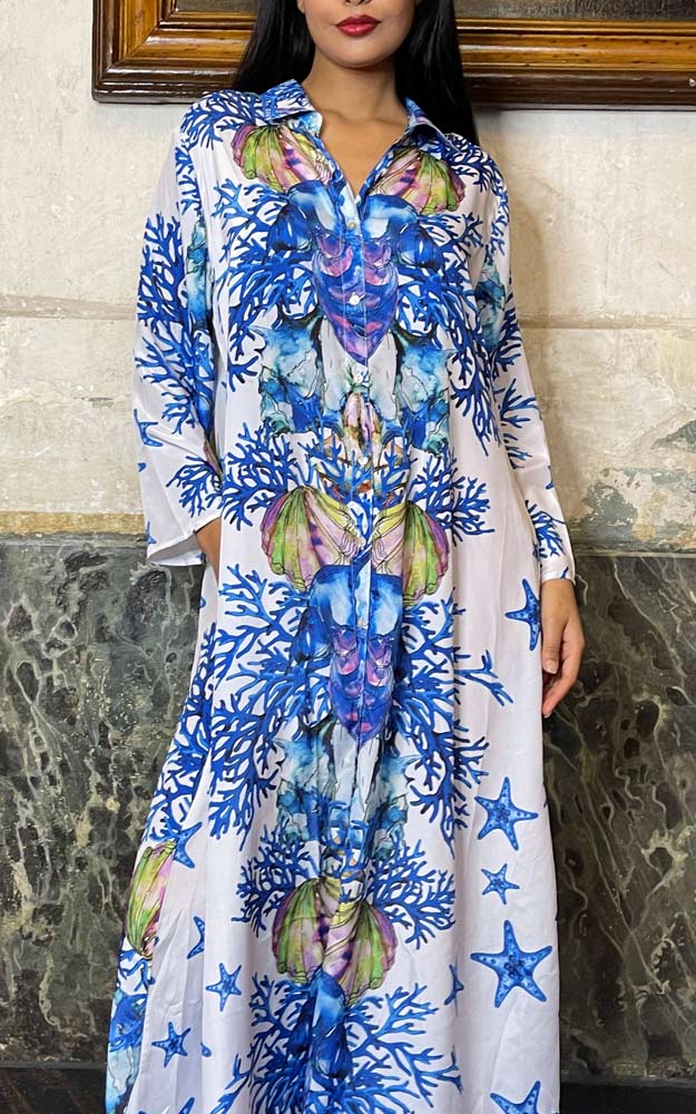 woman wearing blue white Stars & Shells Button Front Shirt Maxi Dress