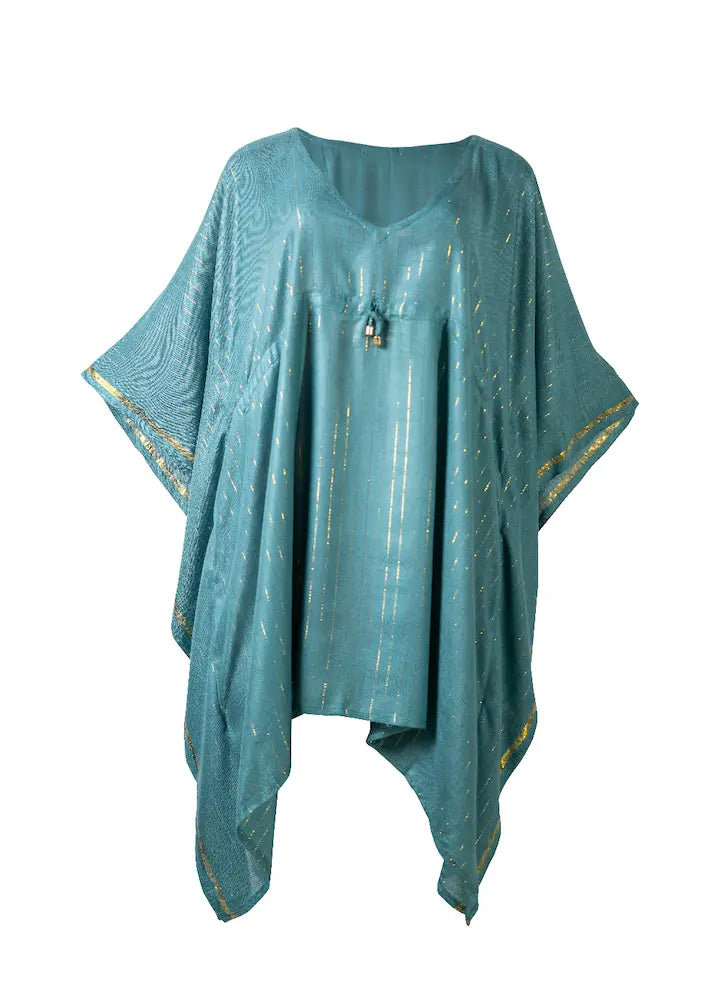 teal V neck Gold Thread Kaftan by Cave Woman