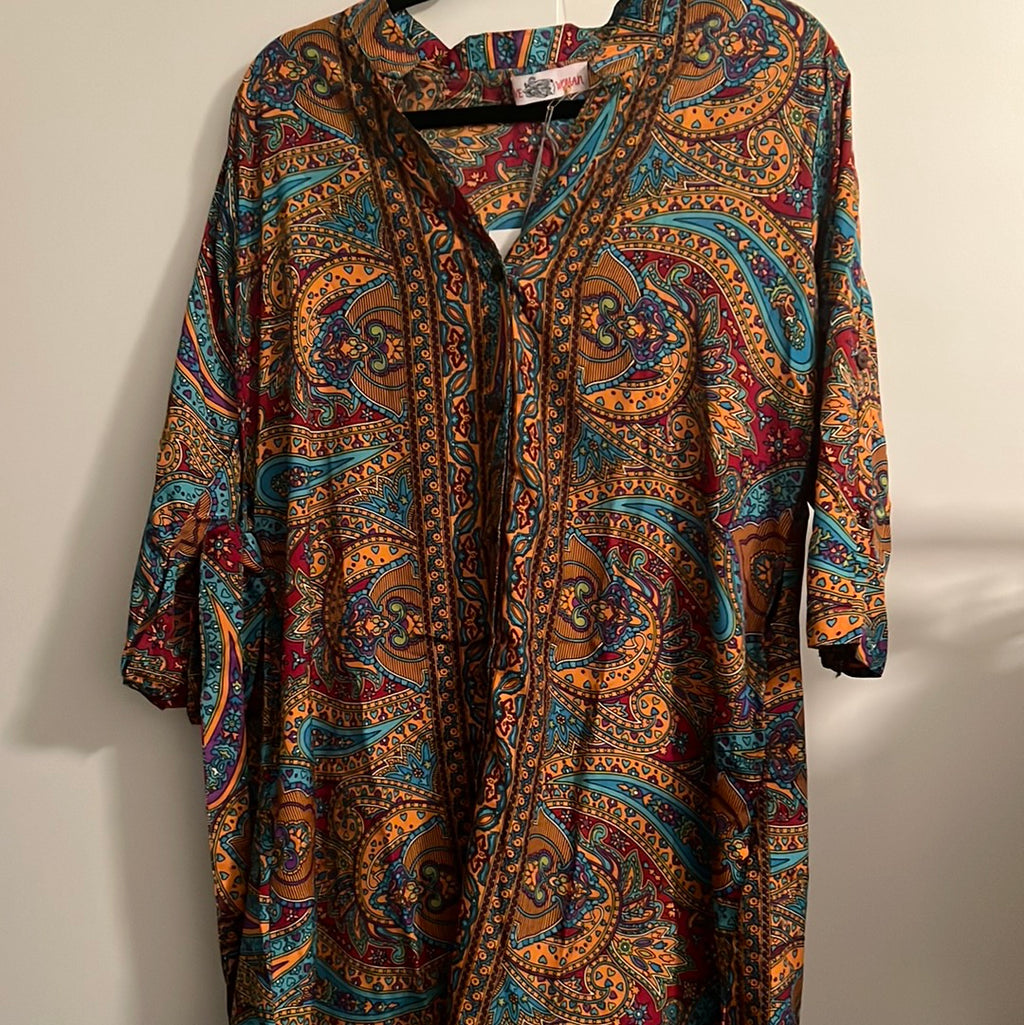 paisley print in mustard, red and blue silk shirt dress