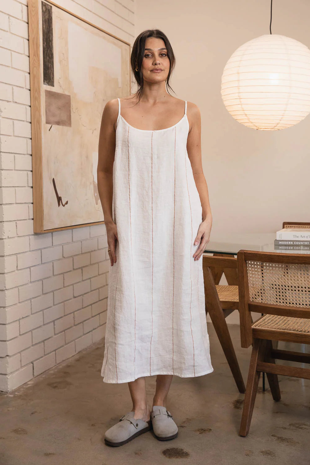 Carter Fundamental Linen Midi dress- Off White w' Nutmeg Fine Stripe