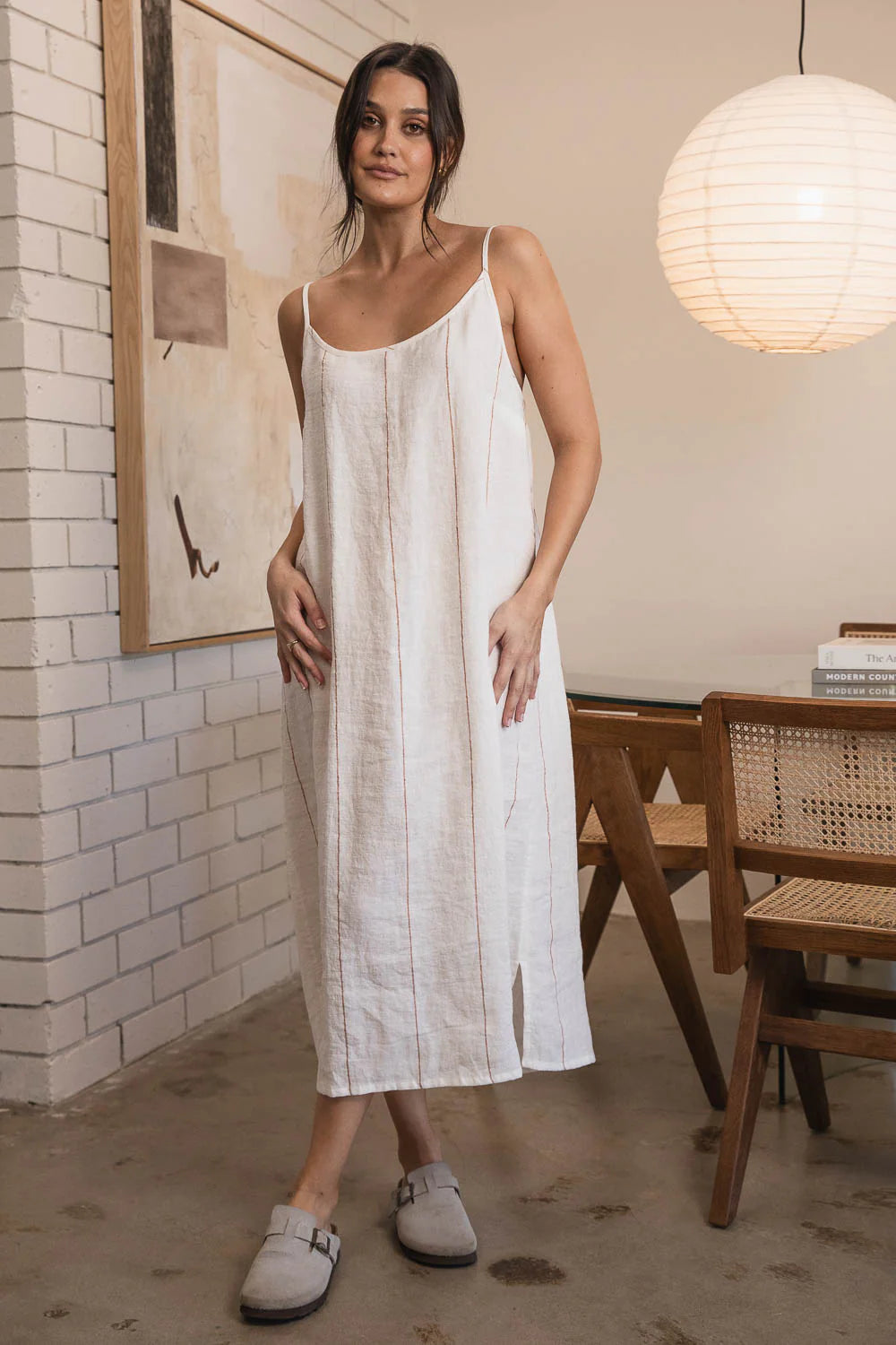 Carter Fundamental Linen Midi dress- Off White w' Nutmeg Fine Stripe