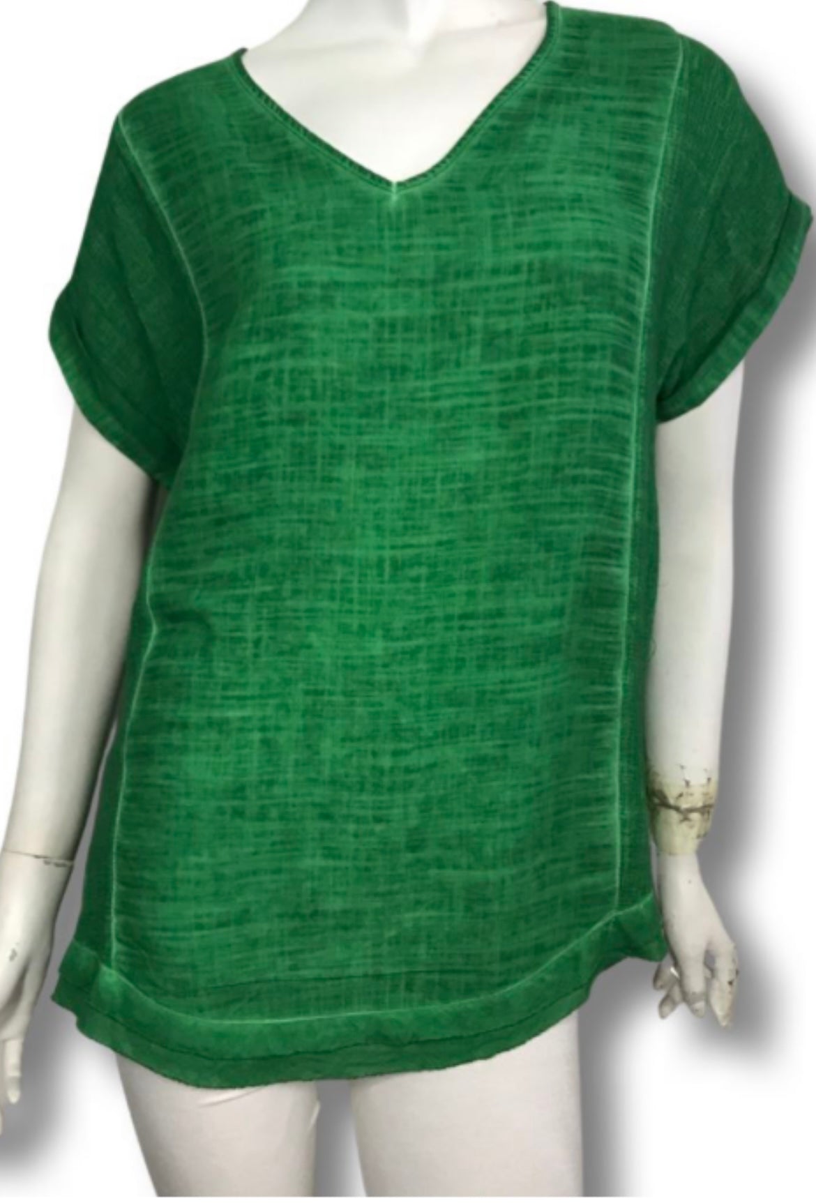 V-Neck Short Sleeve Linen Top - Emerald
