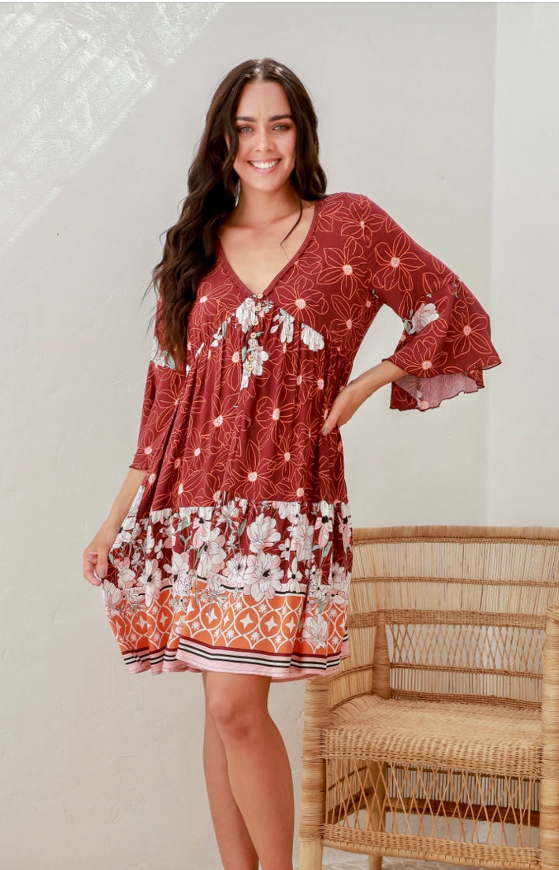 woman wearing Chenoa Floral Bell Sleeve Dress