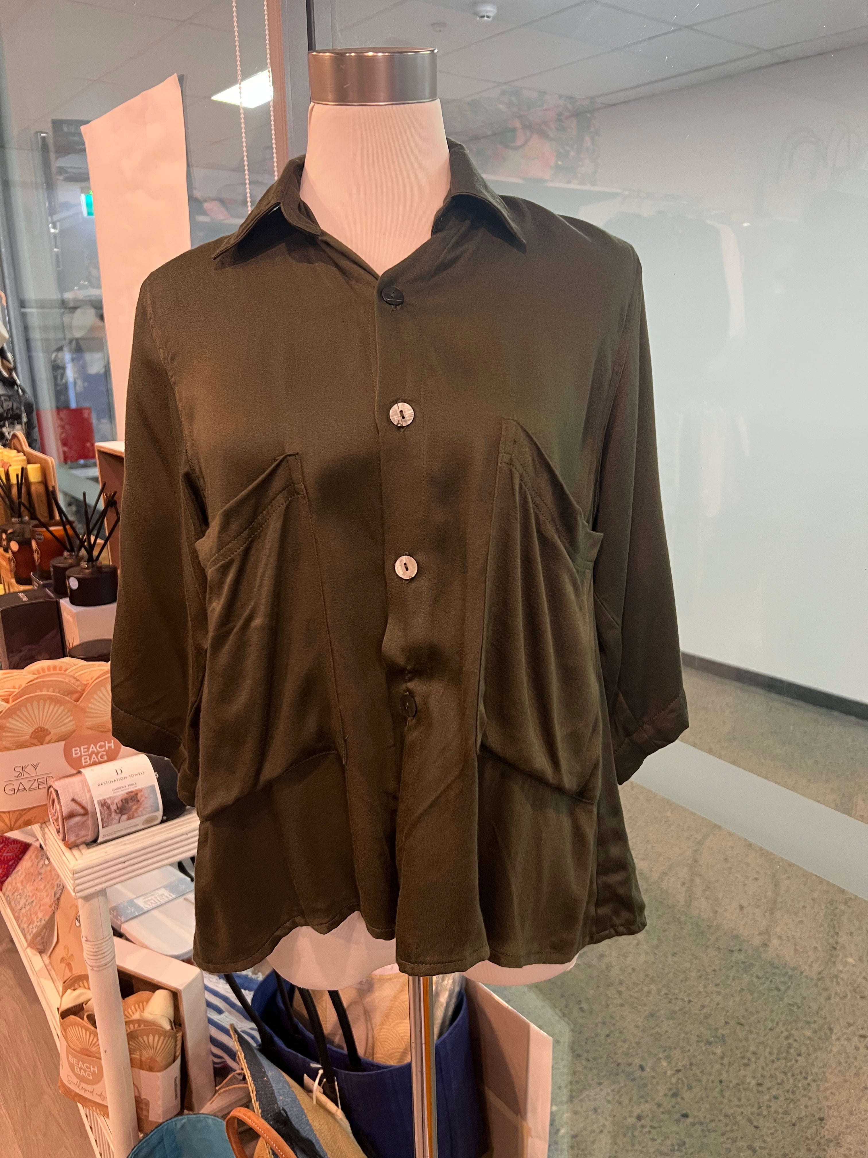 Chitra satin olive pocket shirt- limited edition