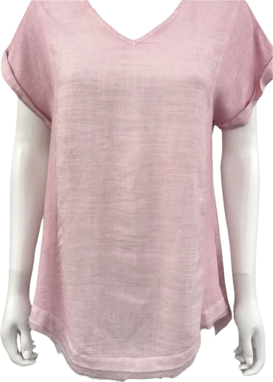 V-Neck Short Sleeve Linen Top - Dusty Pink