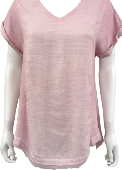 V-Neck Short Sleeve Linen Top - Dusty Pink