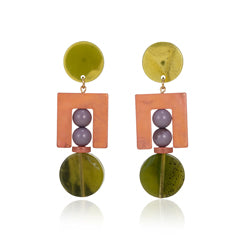arleigh dangle earrings with purple beads and green round flat beads