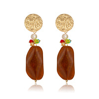 textured golden post with multicolored beads and brown elongated bead dangle earrings