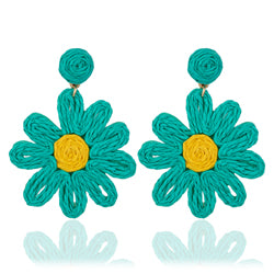 teal daisy flower raffia drop earrings