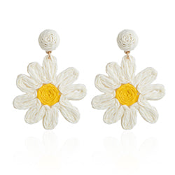 white daisy raffia drop stud earrings