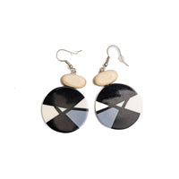 Geometrical print black grey and white hook earrings