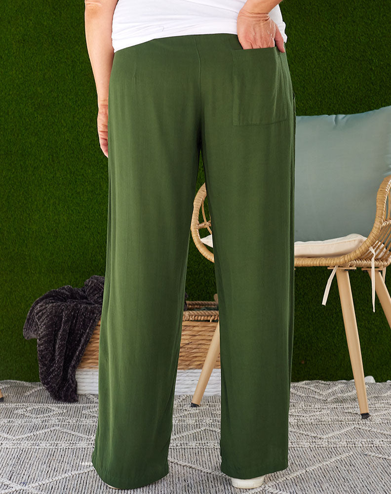 wide shirred elastic waistband lounge pants with back pocket in olive