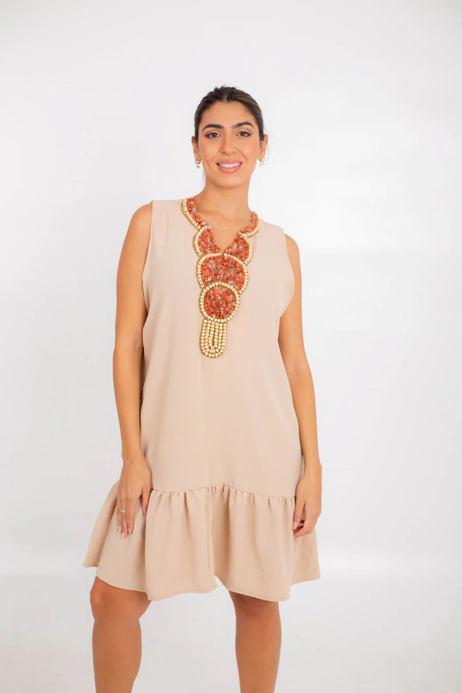 "Beaded Bliss: Hand-Beaded Beige Cotton Dress with stones"