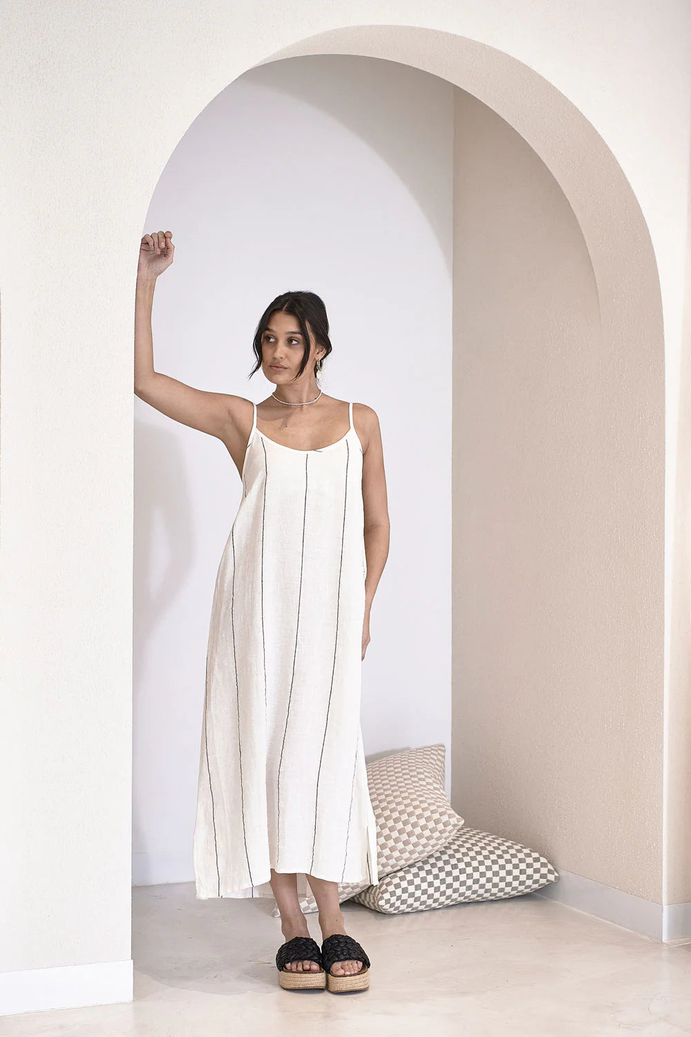 Carter Fundamental Linen Midi dress - Off White w' Charcoal Fine Stripe