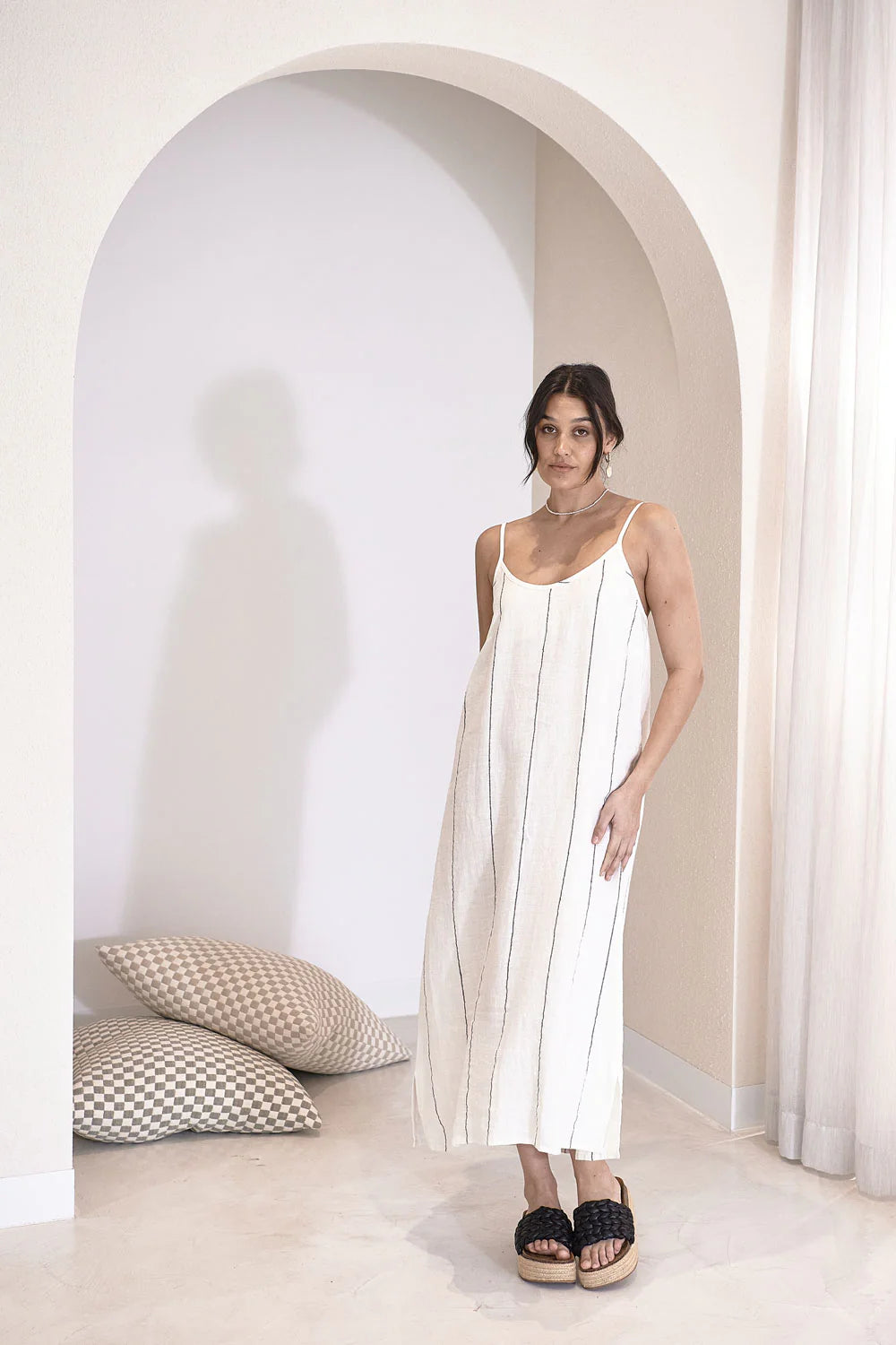 Carter Fundamental Linen Midi dress - Off White w' Charcoal Fine Stripe