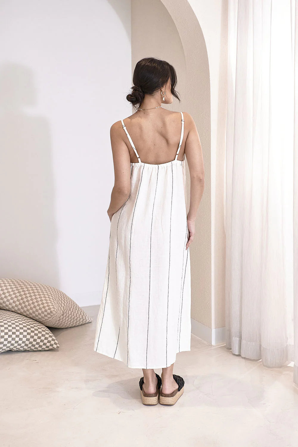 Carter Fundamental Linen Midi dress - Off White w' Charcoal Fine Stripe