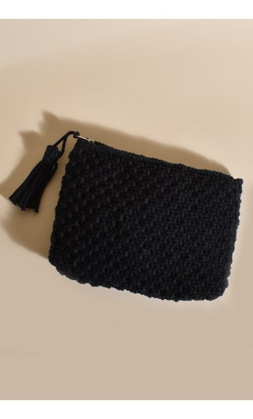 black handmade crochet pouch bag with top zipper 