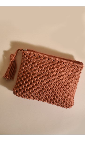 cinnamon handmade crochet pouch bag with tassels and zipper