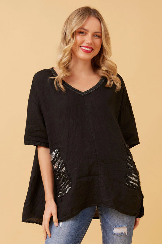 PAM SEQUIN PATCH LINEN TOP- only avail in fushia