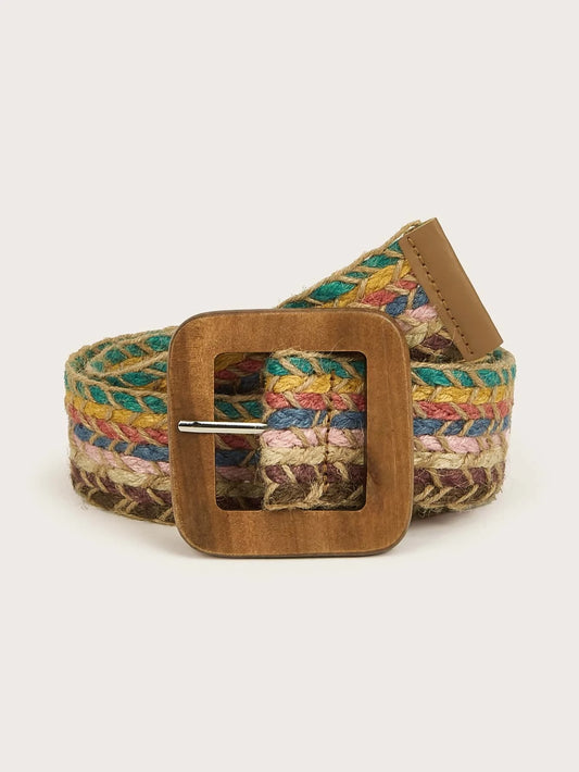 wooden Square Buckle Multicolored Woven Belt